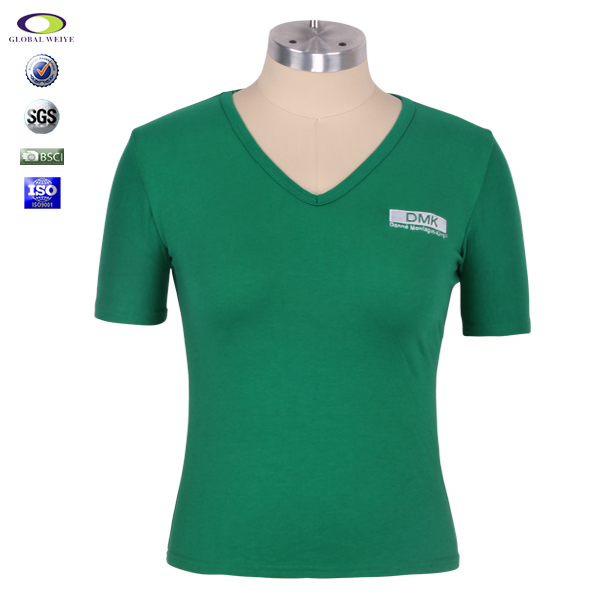 定制女士绿色V领短袖字母印花T恤衫