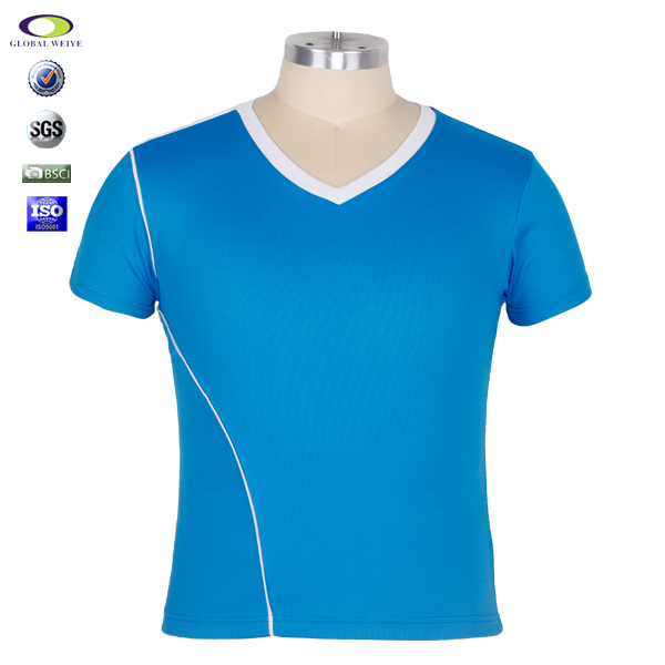 女士V领蓝色空白异色领全涤网眼短袖T恤衫定制工厂