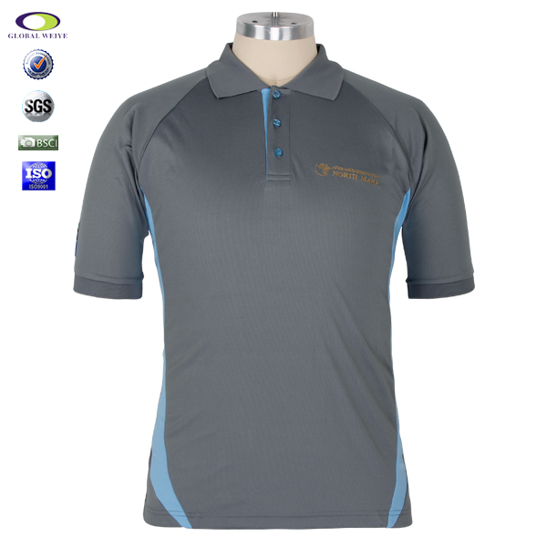 订制男士银灰蓝色拼接POLO衫翻领刺绣短袖T恤衫定制工厂