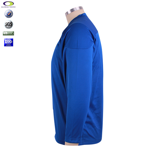 男士蓝色V领插肩空白长袖全涤网眼T恤衫定制厂家