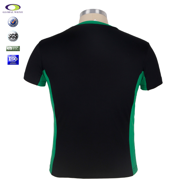 女士V领黑色空白异色领全涤网眼短袖T恤衫定制厂家