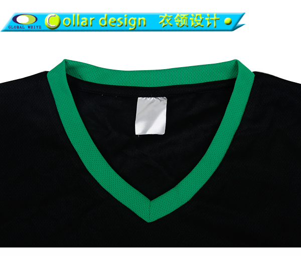 女士V领黑色空白异色领全涤网眼短袖T恤衫定制厂家