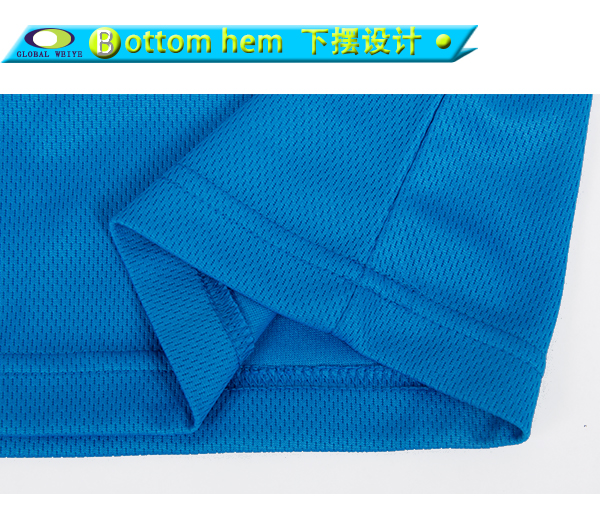 女士V领蓝色空白异色领全涤网眼短袖T恤衫定制工厂