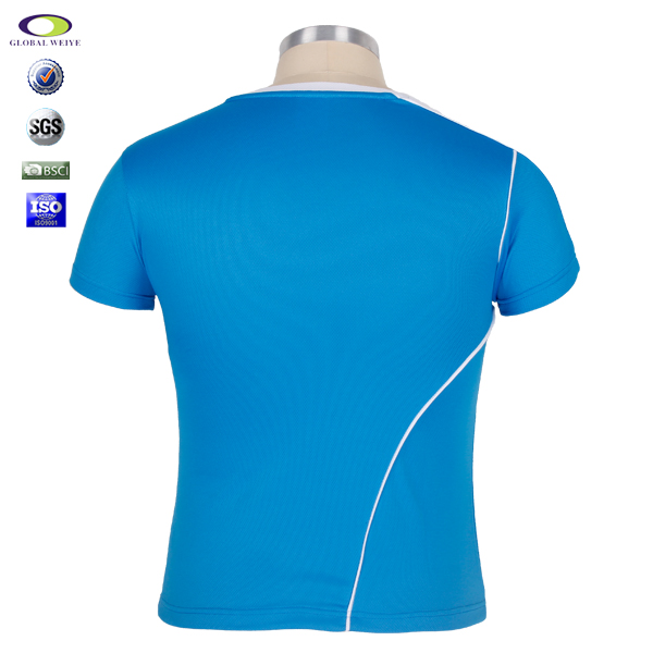 女士V领蓝色空白异色领全涤网眼短袖T恤衫定制工厂