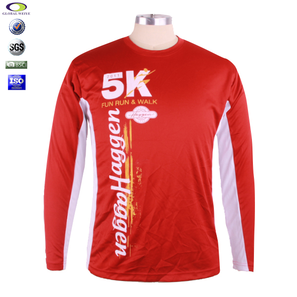 定制男士红色全涤圆领印花长袖运动服T恤衫定制厂家