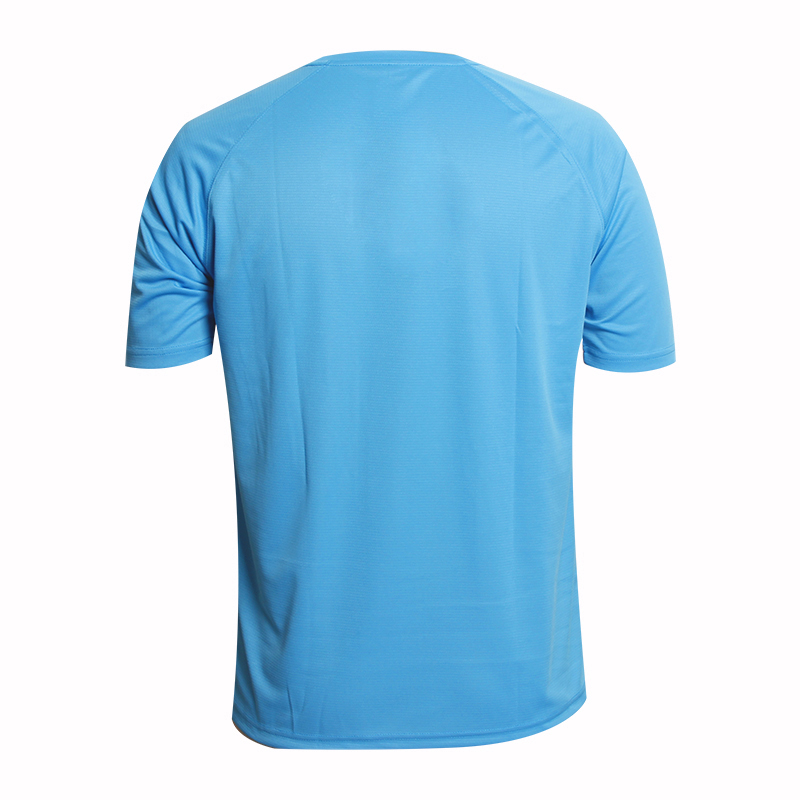 定制男士蓝色全涤字母印花插肩圆领短袖恤衫定制工厂