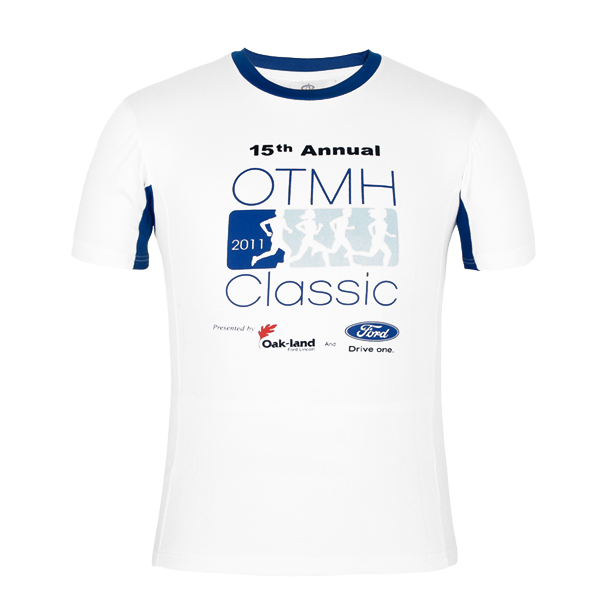 男士蓝色领白色印花全涤圆领短袖T恤衫定制厂家