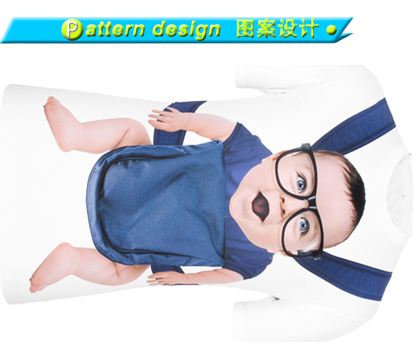 男士全涤白色胸前挂小孩印花圆领短袖T恤衫厂家定制