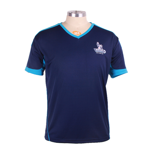 订制深蓝色全涤V领异色领印花T恤男短袖T恤衫运动服