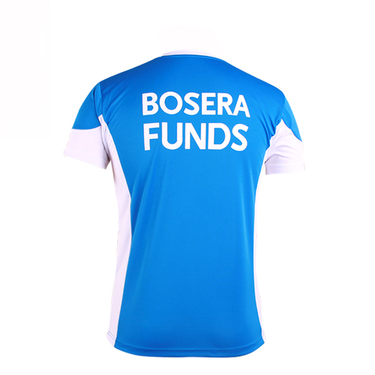 订制蓝色全涤V领异色领印花T恤男短袖T恤衫团服定制