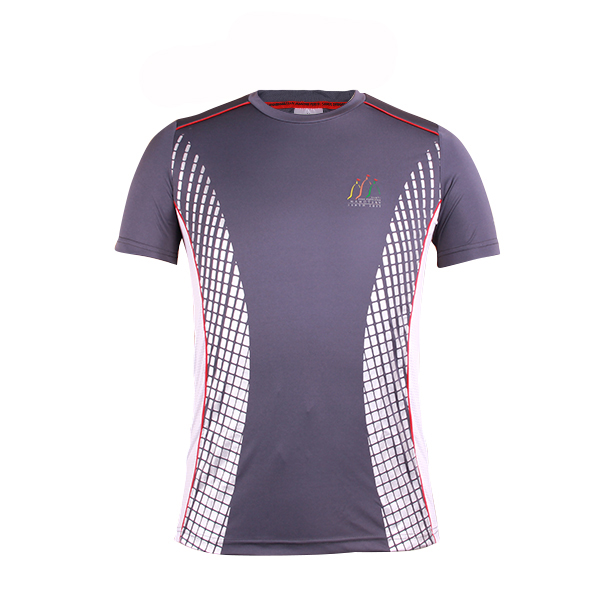 订制男士灰色全涤拼接印花T恤圆领短袖运动服定做