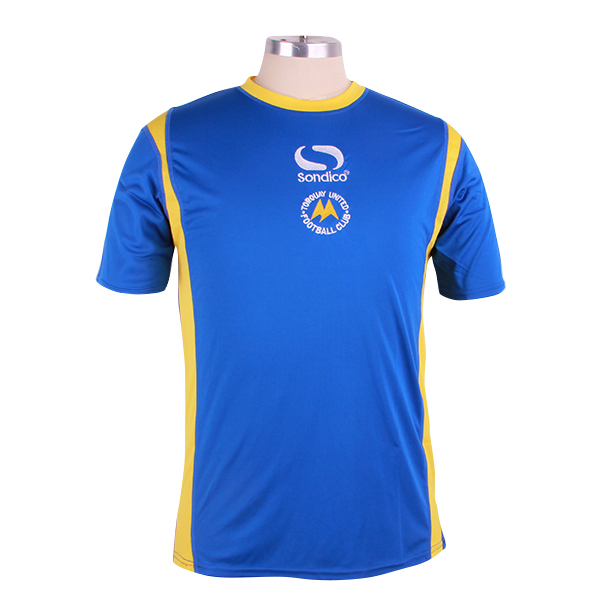 订制男士蓝色全涤插肩拼接印花T恤圆领短袖运动服定做